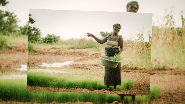 A woman holding a bucket points to a field behind her